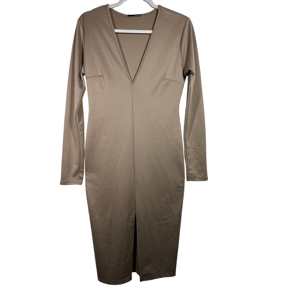 GoJane‎ Tan Deep V-Neck Long Sleeve Bodycon Midi Dress with Front Slit 8338